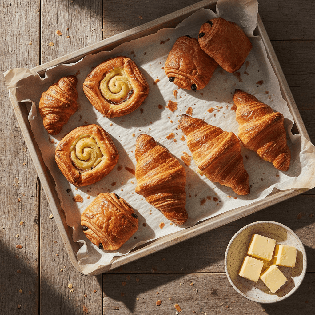 Golden croissants and pastries on a baking tray with butter