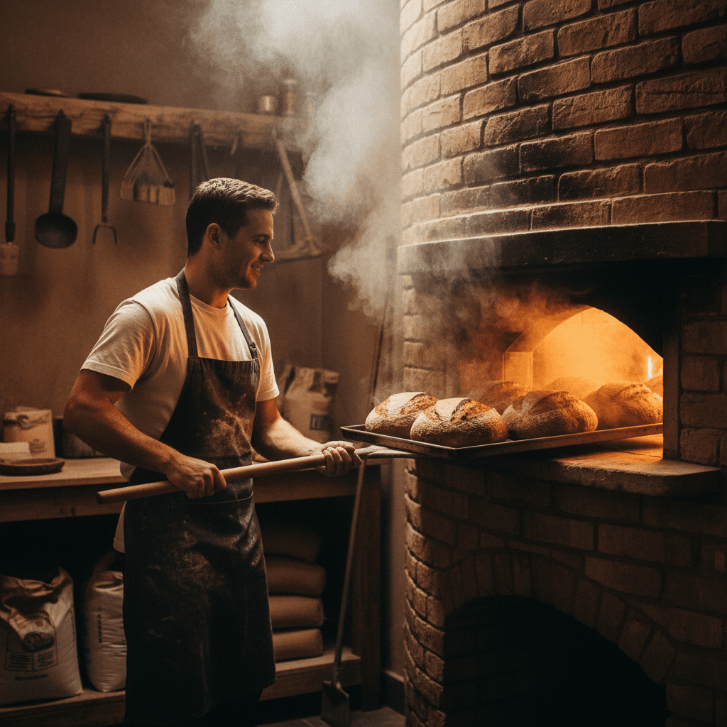 Baker pulling fresh bread loaves from a commercial oven with steam rising