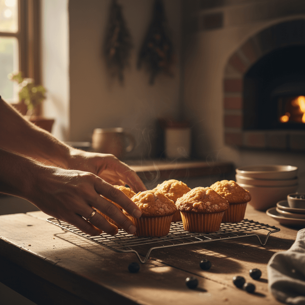 Baker's hands arranging fresh muffins on a cooling rack