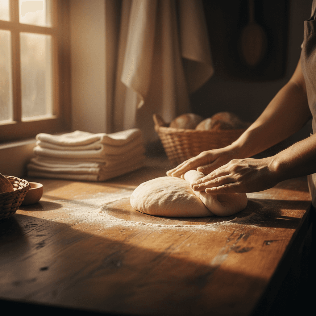Baker's hands folding dough on a floured wooden workbench