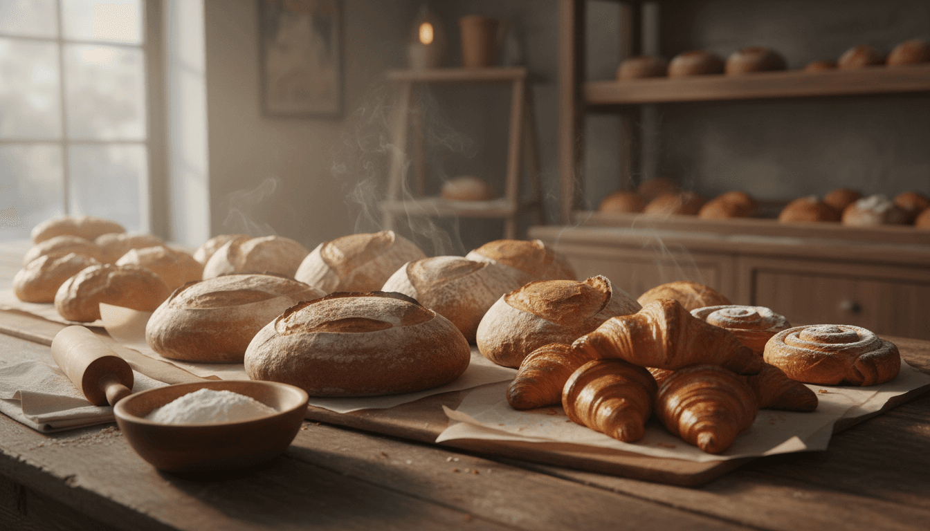 Fresh bread loaves, golden croissants, and pastries arranged on a wooden counter at a warm neighborhood bakery in the morning light