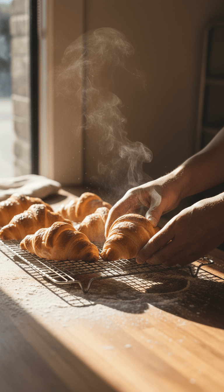 Freshly baked croissants cooling on a rack at a Toronto bakery