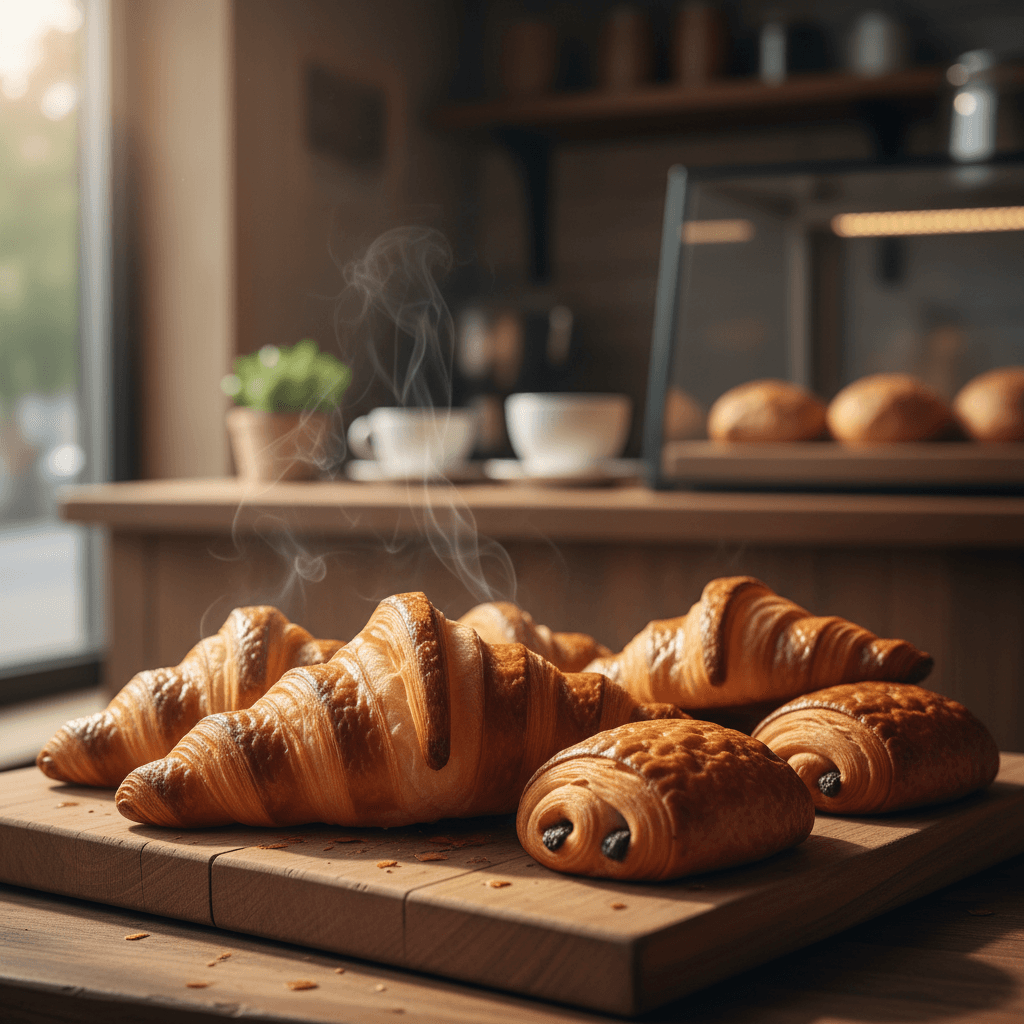 Golden flaky croissant on a wooden board