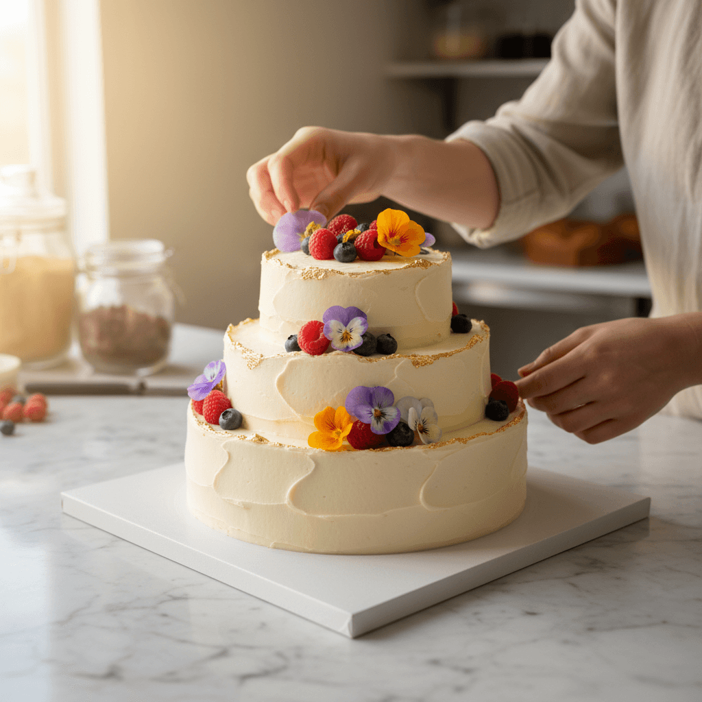 White celebration cake decorated with fresh berries