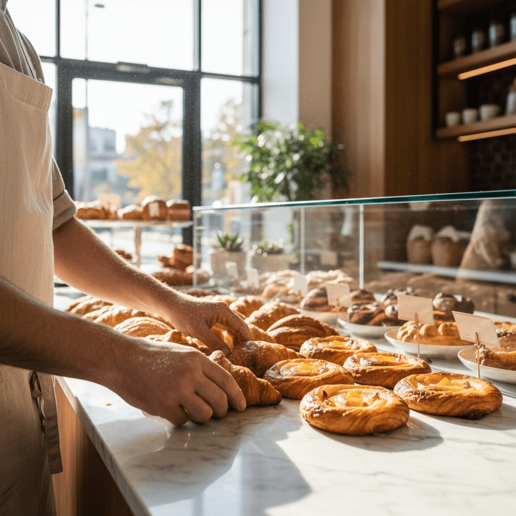 Fresh breads and pastries displayed in a warm bakery case with soft morning light