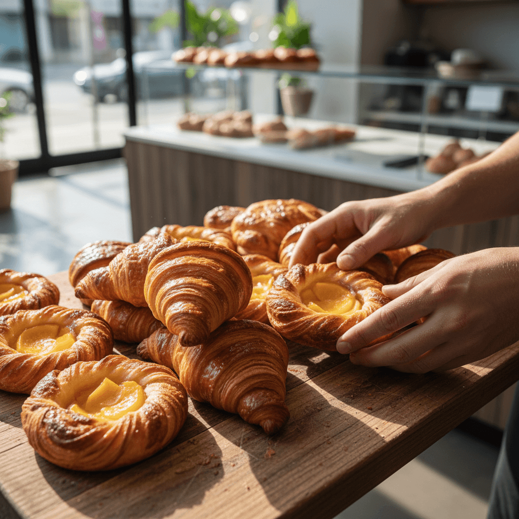 Display case full of fresh pastries at a cozy Toronto bakery