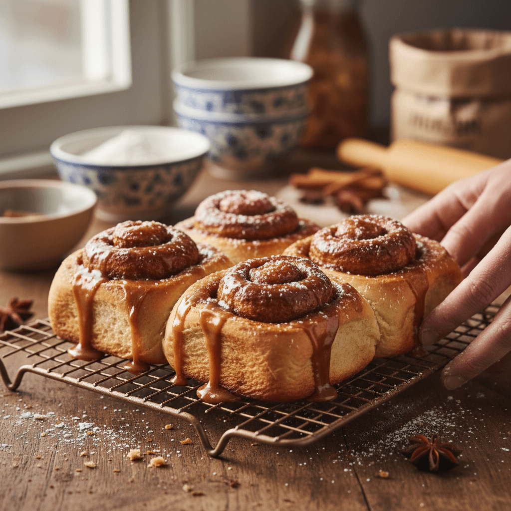 Baker's hands dusting powdered sugar on cinnamon rolls