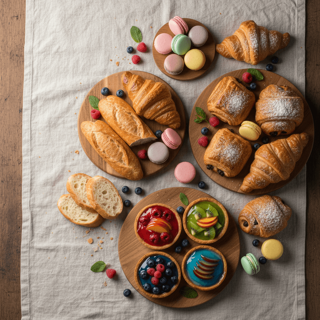 Assorted French pastries on a ceramic tray