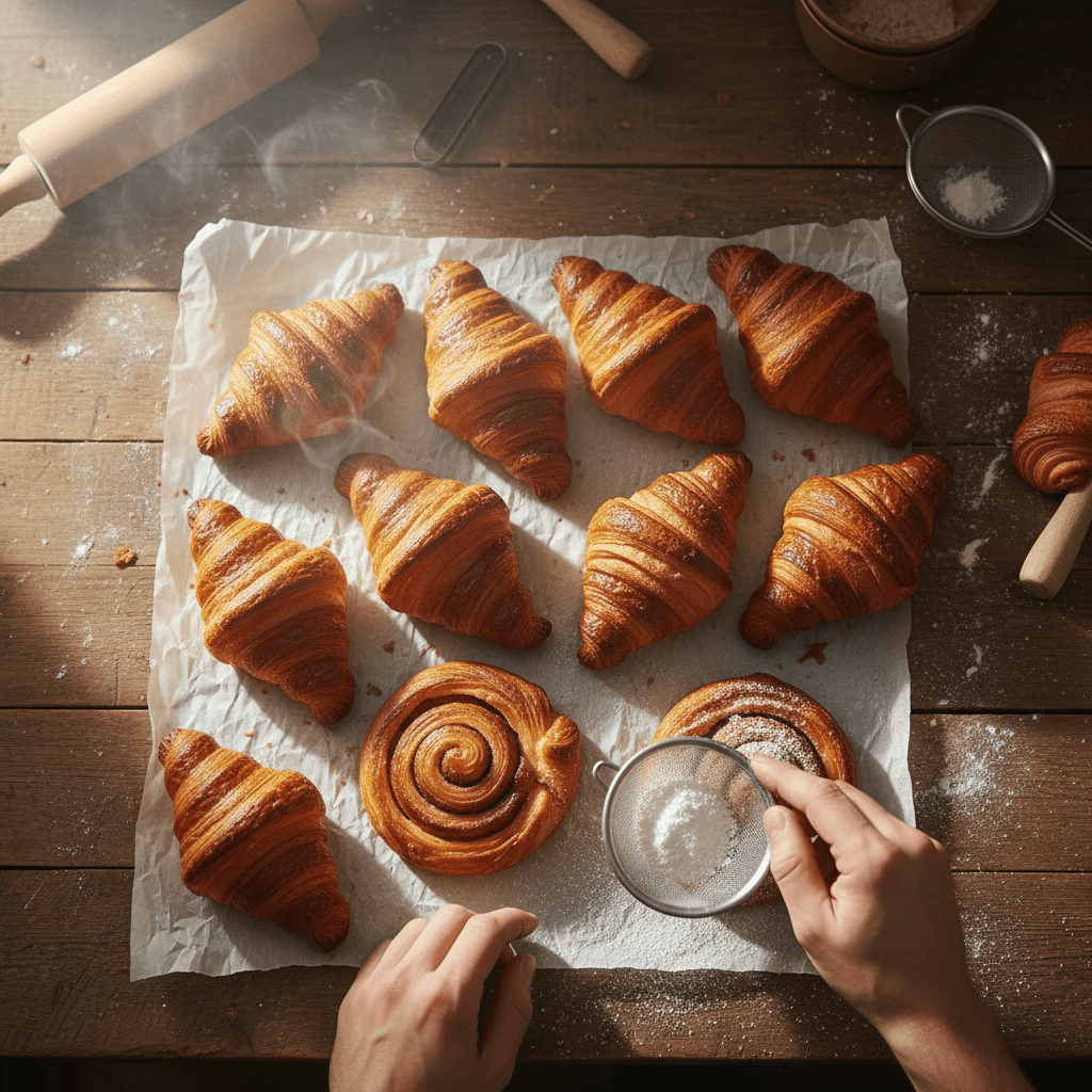 Assortment of fresh bread, pastries, and a cake displayed on a wooden bakery counter in warm morning light