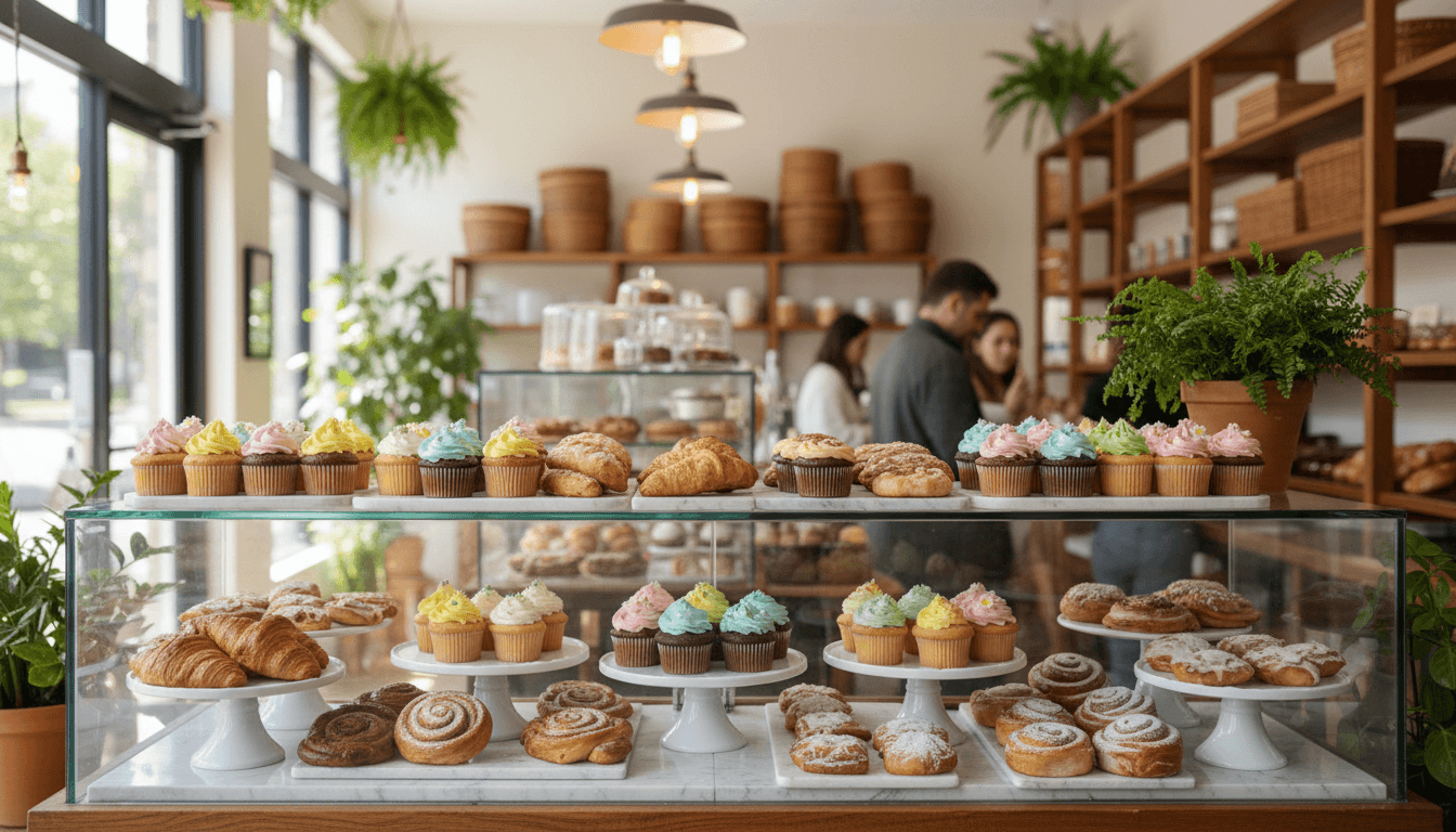 Bakery display case with assorted pastries