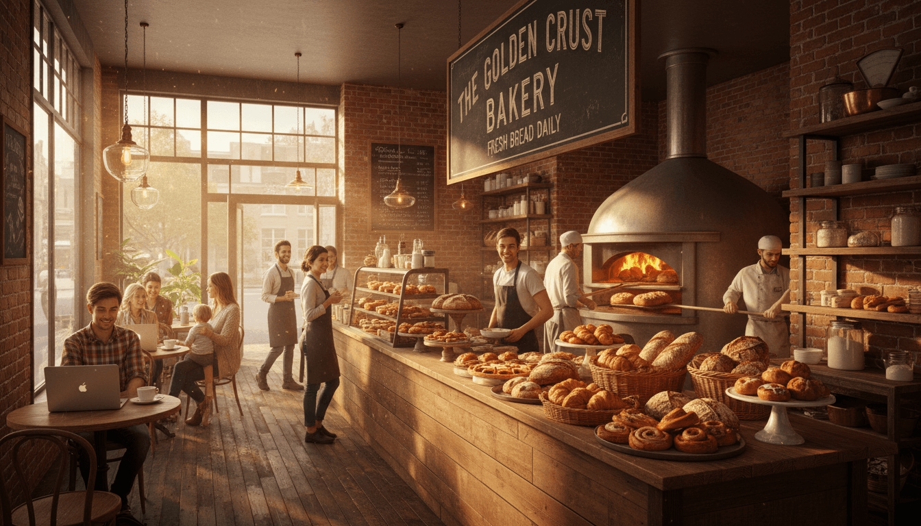 Fresh baked goods displayed on a wooden counter inside a warm, welcoming bakery