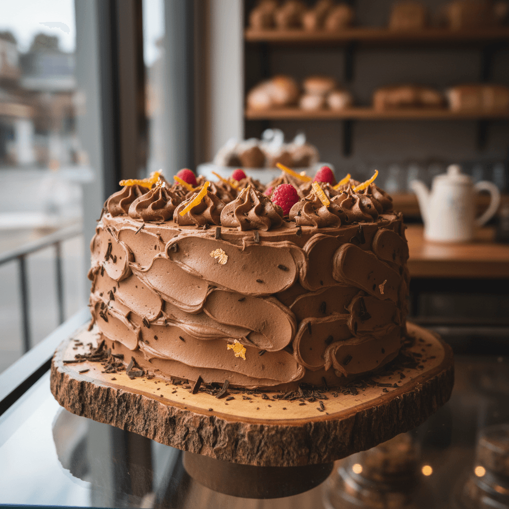 Chocolate cherry bundt cake with glossy ganache on a slate pedestal
