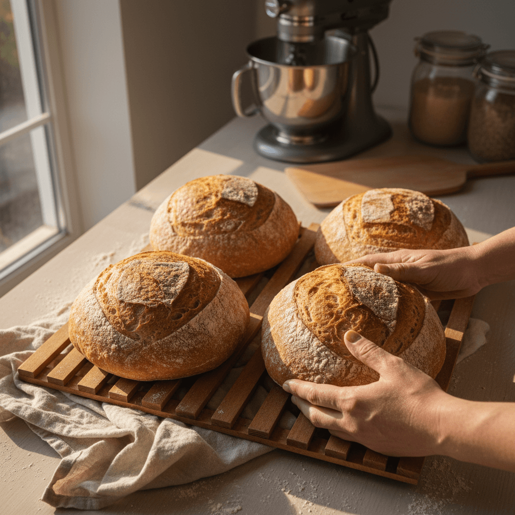 Sourdough loaves cooling on a wooden rack