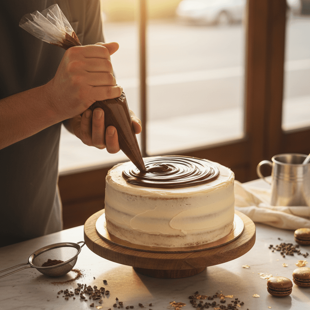Baker piping chocolate ganache on a cake