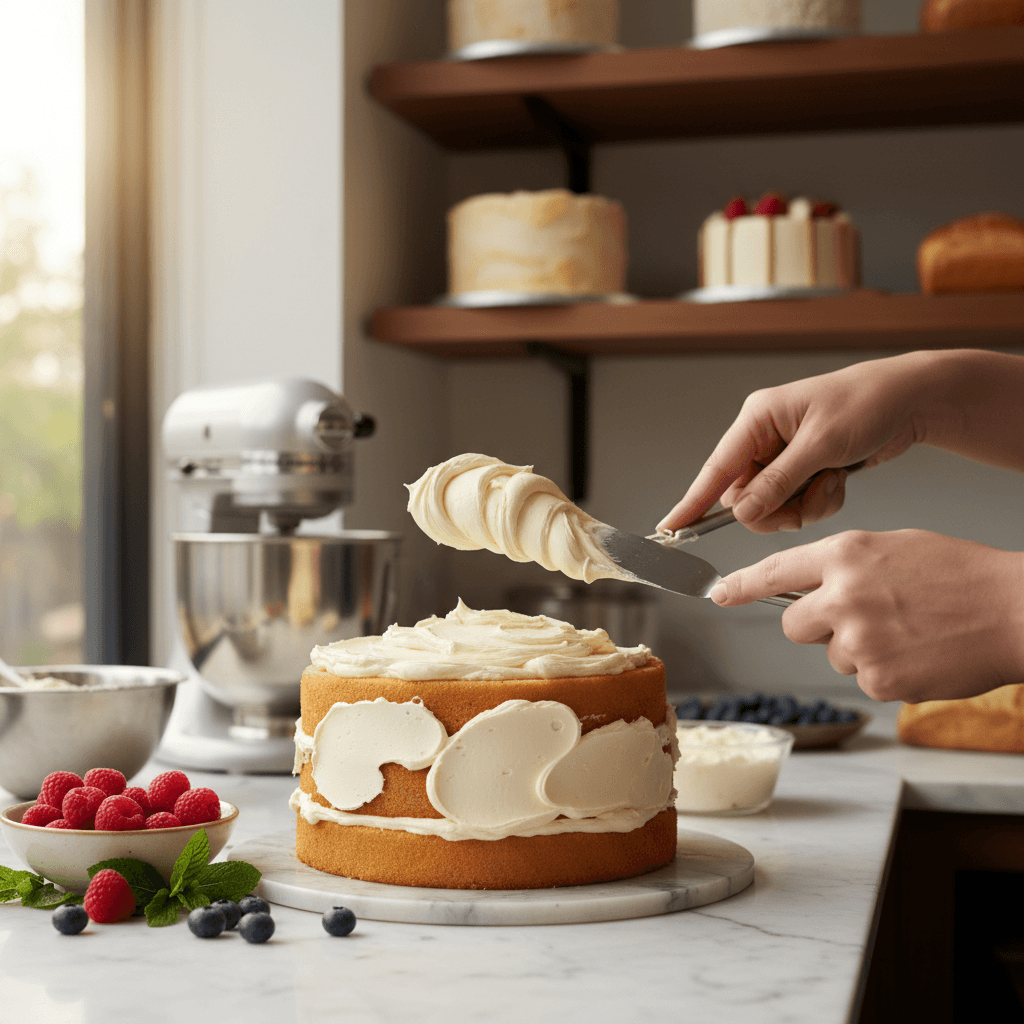 Baker's hands placing fresh berries on a frosted cake