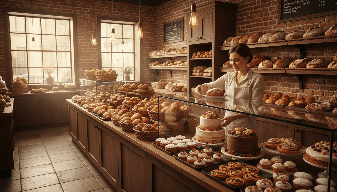 Freshly baked breads and pastries displayed on wooden shelves at a cozy Toronto bakery counter in warm morning light