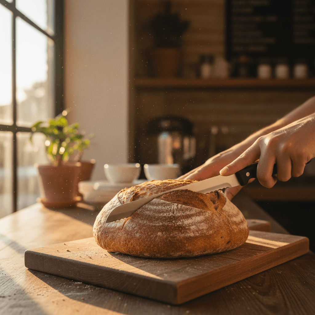 Sliced sandwich bread loaves on a wooden cutting board