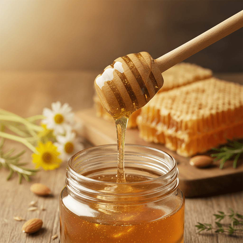 Golden honey-glazed pastries beside a jar of honey on marble