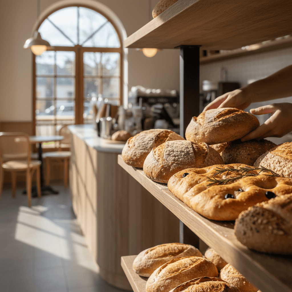 Fresh bread and pastries on a bakery counter with a baker's hands placing a loaf
